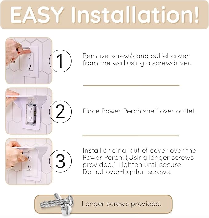 BeraTek Industries Power Perch Outlet Shelf - Bathroom Shelving for Electric Toothbrush, Alexa Stand - 2pk Singe and 2pk Double - White