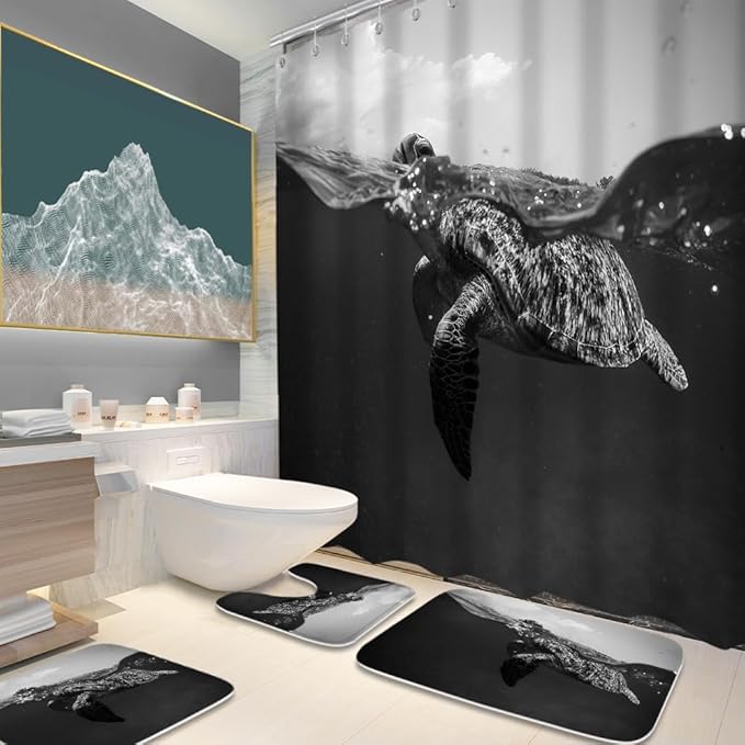 Nautical Sea Turtle Black and White Ocean Kids Bathroom Sets with Shower Curtain and 20 x 31 Rugs Bathroom Accessories Sets Decor with Bath Rug, Bath Mat, U-Shaped Contour and Hooks 72 x 72 Inch Grey