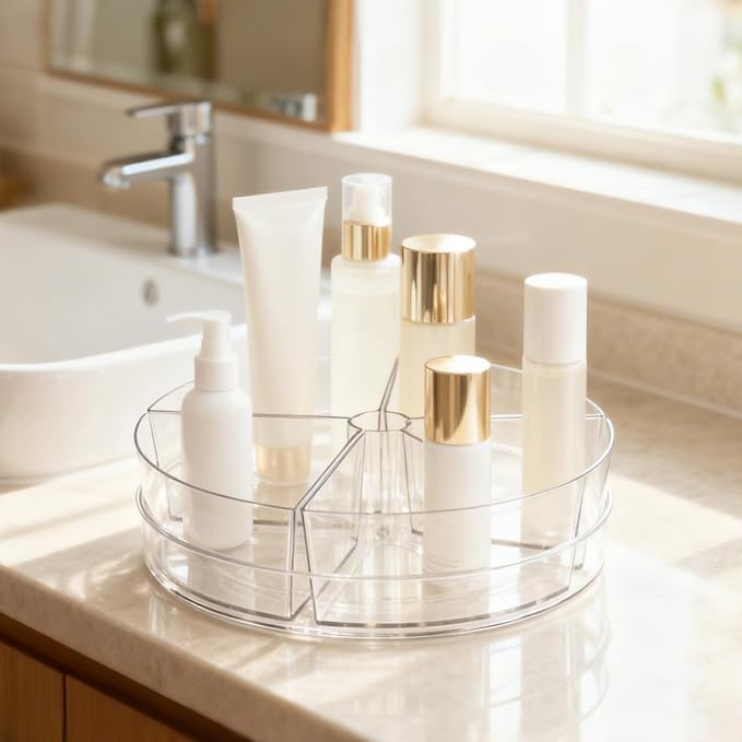 360° Rotating Makeup Organizer, 10.5" Clear Turntable Lazy Susan Organizer for Vanity, Bathroom Counter, Cabinet, Spinning Cosmetic Storage Holder with 5 Removable Dividers for Skincare