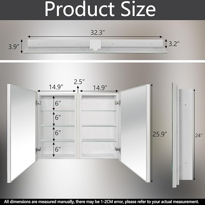 32x26 Bathroom Medicine Cabinet with Mirror - Double Doors, Soft Closing Hinges, No Assembly Needed, Recessed/Surface Mount, Spacious Flexible Storage for Bathroom Organization