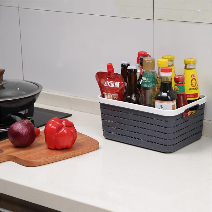 Plastic Storage Bin Baskets, Toilet Paper Basket for Bathroom, Plastic Organizer Shower Caddy with Handles for Living Room (Dark Grey 2 Pack)