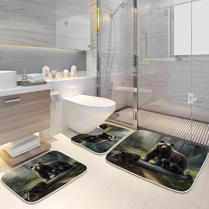 Cute Bear Forest Aesthetic Bathroom Rugs and Mats Sets 3 Piece, Memory Foam Bath Mat, U-Shaped Contour Shower Mat Non Slip Absorbent, Velvet Washable 20 x 31 inch Black and Green