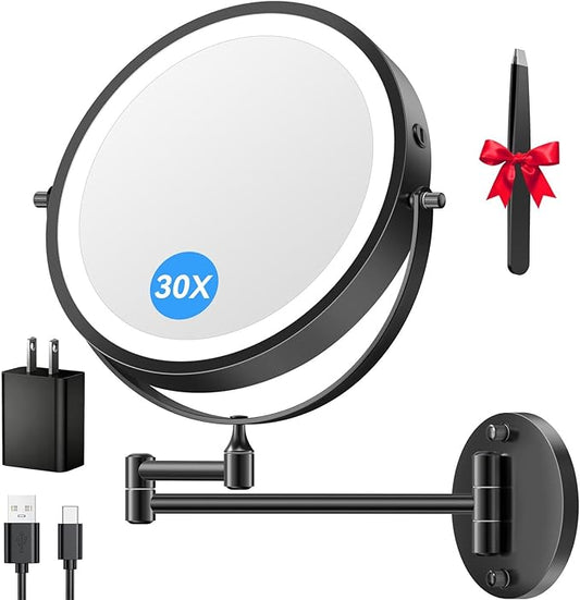 9'' 30X/1X Wall Mounted Lighted Makeup Mirror, 5000mAh Rechargeable Double-Sided Magnifying Mirror with Light, Vanity Bathroom Mirror Touch Dimmable 3 Colors 360° Rotation Extended Arm, Power Adapter