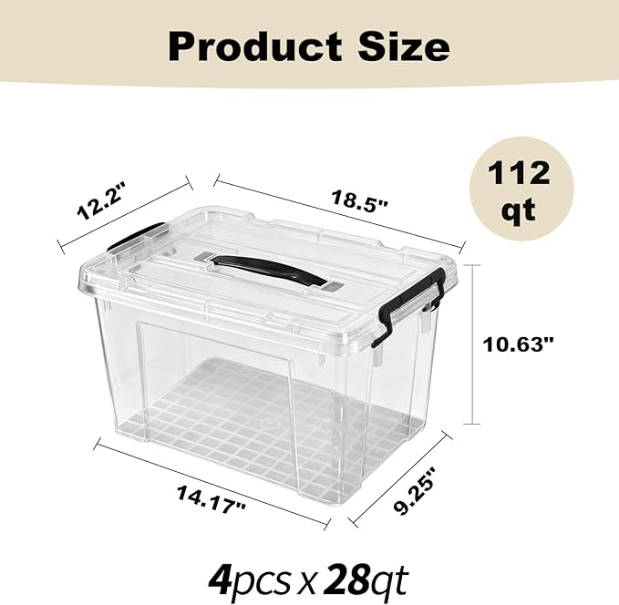 4 Pack 28 Qt Clear Storage Bins with Lids, Stackable Plastic Organizer for Home, Office, Garage, BPA-Free, Heavy-Duty, See-Through Containers with Secure Latches & Handles