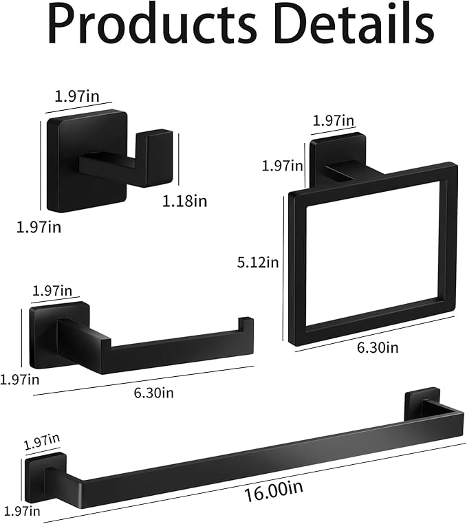 Bathroom Hardware Set Square,5 Pieces Bathroom Hardware Accessories Set Includs16 inch Towel bar, Towel Ring, Toilet Paper Holder, Towel Hooks (Black-5PCS-16Inch)