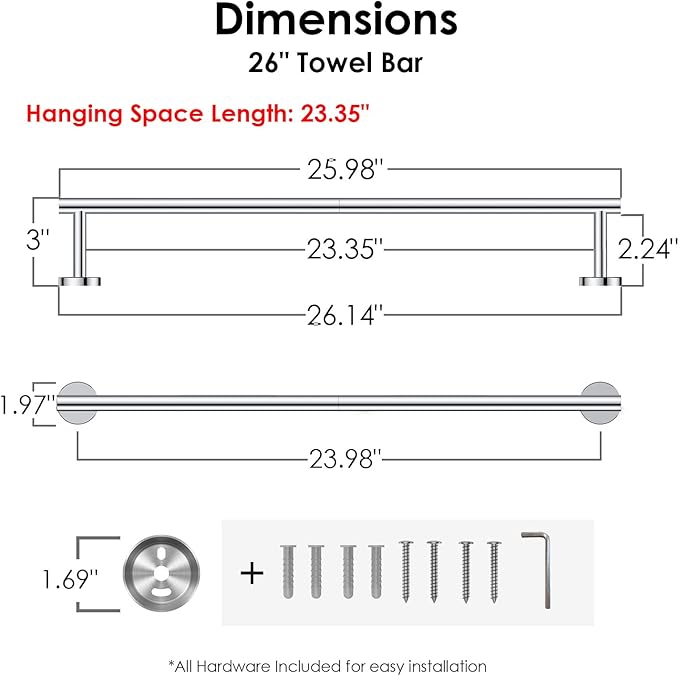 FORIOUS Towel Bar Wall Mounted, Stainless Steel Towel Racks for Bathroom, Includes Wall Mounting Hardware (Chrome, 26 Inch)