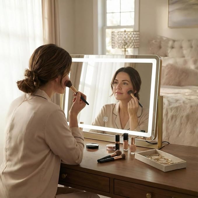 Vanity Mirror with Lights, 17''x22'' Lighted Makeup Mirror, LED Makeup Mirror, Dimmable, Smart Touch with 3-Color Lighting Modes, for Bedroom Tabletop - Gold