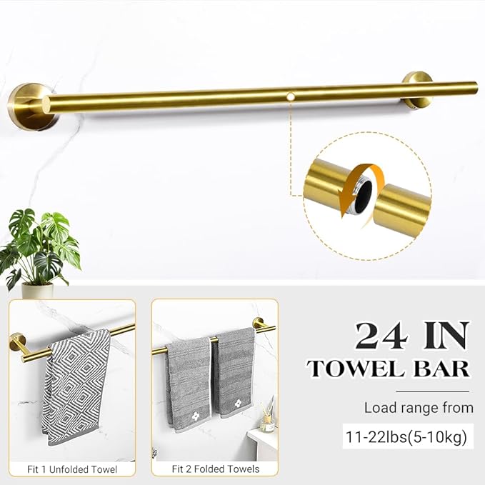 Gold Bathroom Towel Bar Set, 10-Piece Stainless Steel Hardware Bathroom Accessories, 24" Towel Racks for Bathroom Walls