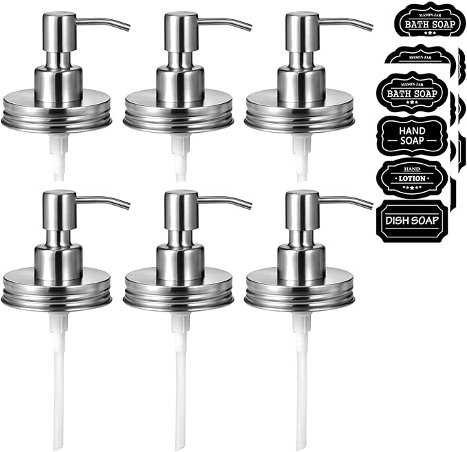 Amolliar Mason Jar Liquid Soap Dispenser Lids, 304 Stainless Steel Pump16oz Regular Mouth Mason Jar, Rustic Farmhouse Decor, Hand Soap,Dish Soap, Lotion Soap, Brushed Nickel-6 Pack, Extra 3 Long Tubes