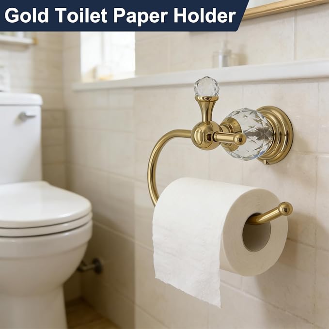 Gold Toilet Paper Holder with Crystal, Polished Gold Tissue Roll Holder Bathroom Wall Mounted, Rust-Resistant Hand Towel Holder