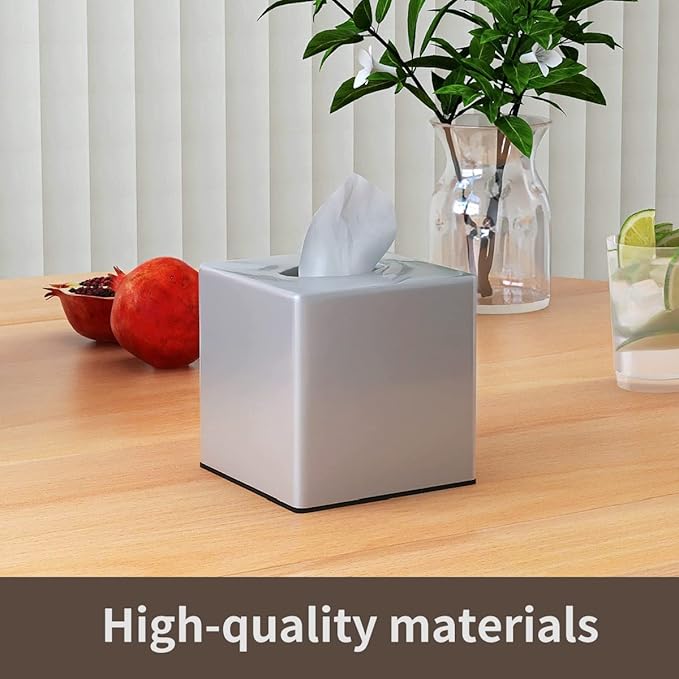 Y-in Hand Tissue Box Cover, Decorative Square Facial Storage Tissue Box Holder, Home Accessories for Bathroom Vanity Countertops, Dressers, Night Stand, Parlors and Office - Silver