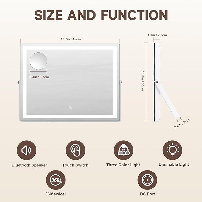 MINISO Vanity Mirror with Lights and Bluetooth Speaker, 17.7" x 13.8" LED Makeup Mirror, Light & Brightness Smart Sensor, Aluminum Alloy Metal White Frame, with 10X Magnifying Glass