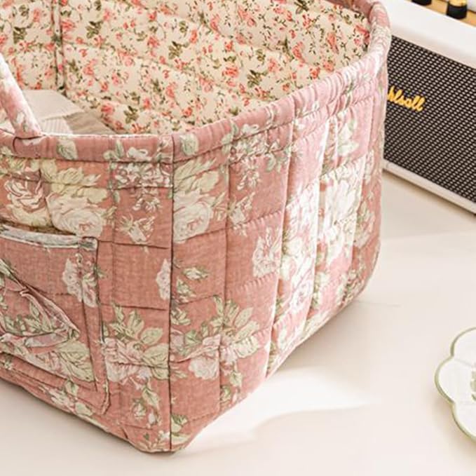 Quilted Fabric Storage Basket Boho Floral Laundry Hamper with Handle Foldable Floral Basket Organizer for Car Bedroom
