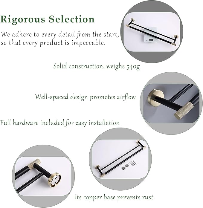 24 Inch Black and Gold Double Towel Bar, Rust-Resistant 304 Stainless Steel with Solid Brass Knurled Accents, Wall-Mounted for Bathroom & Shower