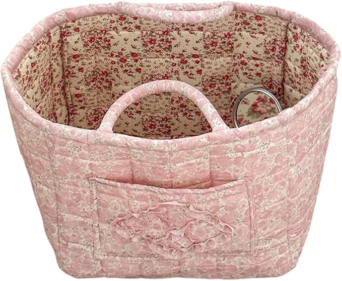 Quilted Fabric Storage Basket Boho Floral Laundry Baskets with Handles Collapsible Quilted Soft Basket for Car, Clothes, Toys Storage