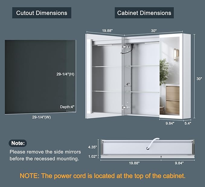 30x30 Inch Medicine Cabinet with Lights, AL Alloy Frame, Plug-in or Hardwired, Recessed or Wall Mount, Mirror Doors/3 Colors/Dimmable/Interior Sensor Light/Defog,2 Outlets & USBs,2 Shelves