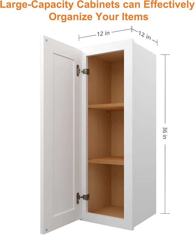ROOMTEC Wood Wall Cabinet,RTA Single Door Medicine Cabinet with Adjustable Shelves and Soft-Close Door for Kitchen, Bathroom, and Laundry. 12" D*12" W*36" H, Shaker White