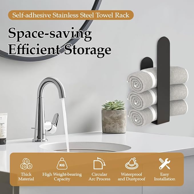 Hand Towel Holder, Self Adhesive Hand Towel Bar，Stainless Steel Bathroom Towel Racks Stick on Wall, Black