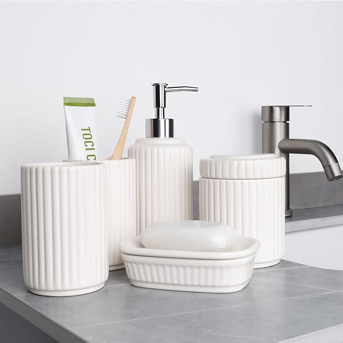 White Bathroom Accessory Set 5PCS, Ceramic Bathroom Accessories Set, Classic Design Bathroom Accessories Sets Complete, Home Apartment Modern Bathroom Decor Vanity Countertop, ANTIS'S HOME