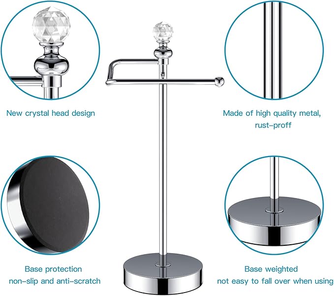 ROLABAM Heavy Weighted Towel Holder (with Crystal Ball) Standing Towel Holder - Total Height 15.7'' for Kitchen, Bathroom, Vanity - Classic Decorative Metal Hand Towel Stand, Polished Chrome