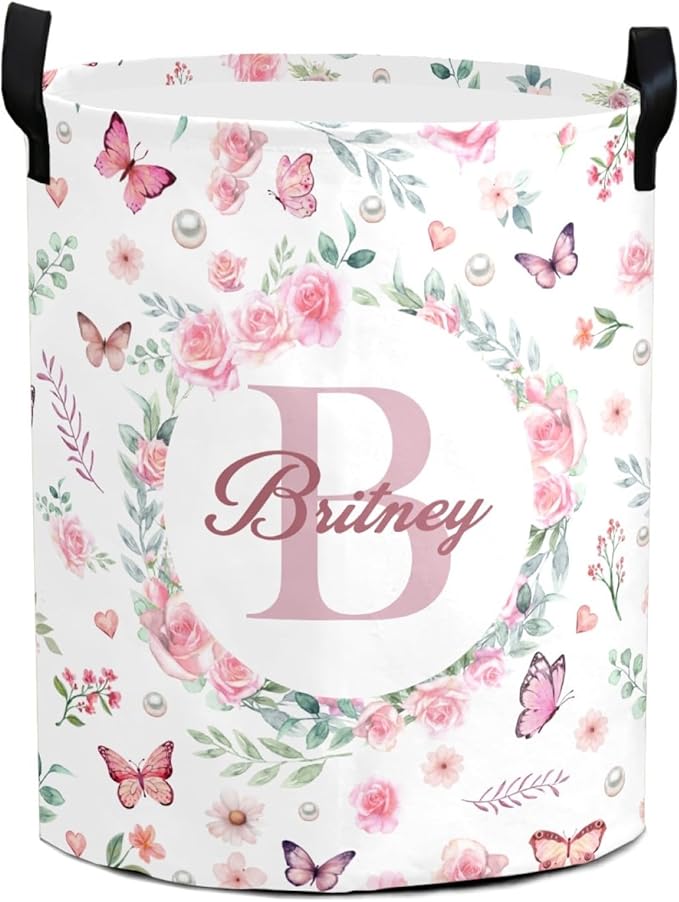 Large Custom Name Laundry Hamper, Flowers Personalized Dirty Clothes Hamper Storage Basket with Name for Bathroom Bedrooms, Customized Name Circular Hamper with Handles for Baby Boys Girls Men Women