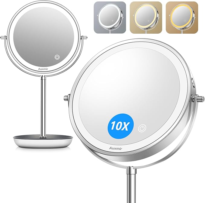Auxmir 8" Lighted Makeup Mirror Rechargeable 1X/10X Magnifying Mirror with 3 Dimmable Colors Light, Double Sided Vanity Mirror with Stand, 360° Rotation Touch Screen Tabletop, Chrome