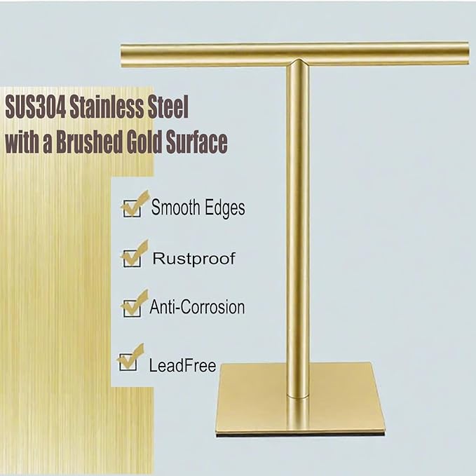 Freestanding Hand Towel Holder Countertop Modern Stand Towel Rack with Square Base Space Saving 304 Stainless Steel Hand Towel Holder Brushed Gold Finished