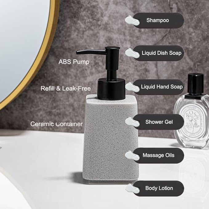 Grey Ceramic Bathroom Accessories Set,Soap Dispenser and Toothbrush Holder with Wooden Tray,Countertop Organizer for Stylish Bathroom