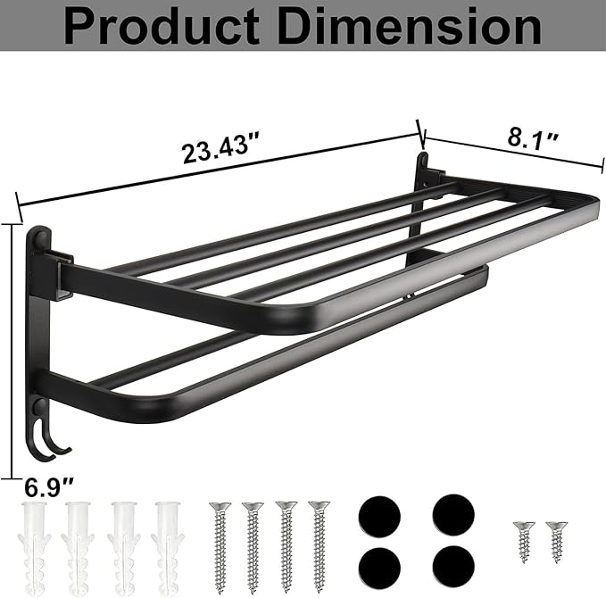 TocTen Towel Rack for Bathroom, Foldable Towel Holder with Double Towel Bars, Wall Mounted Premium Aluminum Bathroom Tower Shelf, Space-Saving Towel Hanger for Bathroom, Lavatory (Black,24 in)