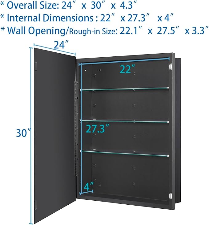 IDYLLOR Black Bathroom Medicine Cabinet with Beveled Edge Mirrored Door 24 x 30 inch, Recessed or Surface Mount, with Adjustable Glass Shelves
