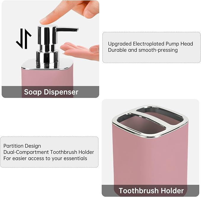 Pink Bathroom Accessories 2 Pieces, Soap Dispenser and Toothbrush Holder Set for Boho Bathroom