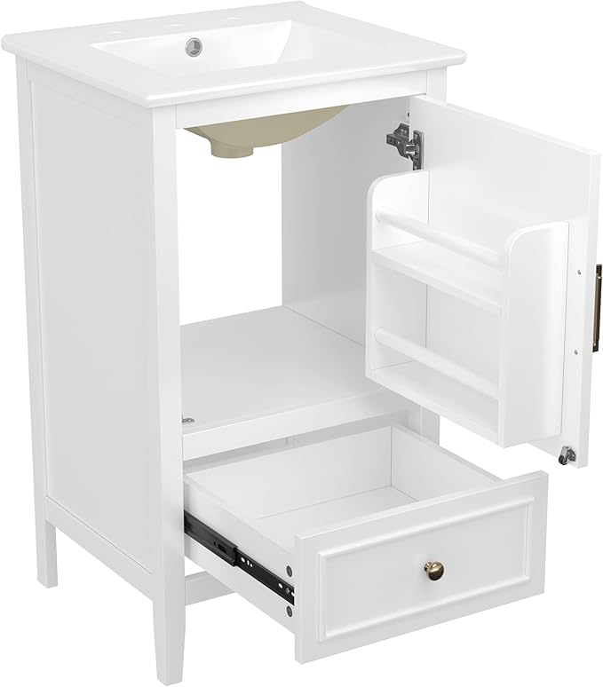 Virubi 20 in Small Bathroom Vanity with Sink,Solid Wood Modern Single Bathroom Sink Cabinet with Soft Closing Door and Drawer,Freestanding White