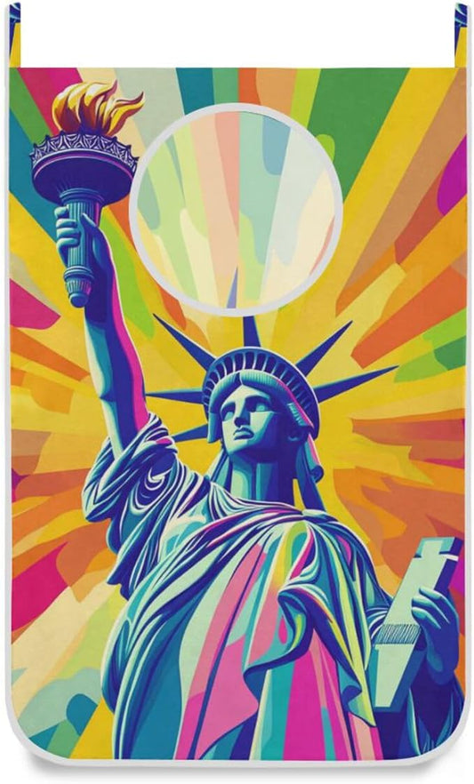 Hanging Laundry Hamper with Stainless Steel Hooks,Oxford Fabric Printing Door Laundry Clothes Bag, 29.5X20inch 1PCS Bright Statue Of Liberty and Torch