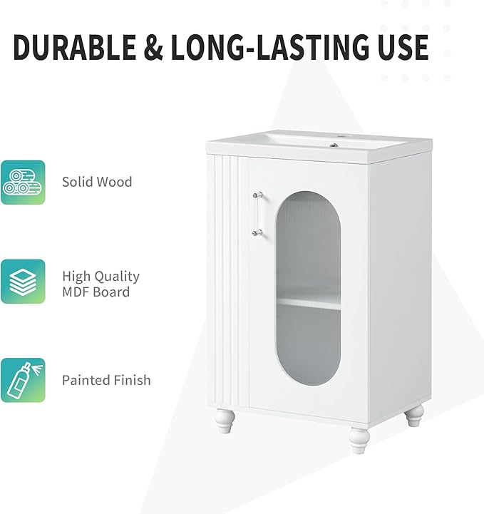 Virubi 20" Small Bathroom Vanity with Sink and Glass Door, Storage Shelf & Toilet Paper Holder,Solid Wood & MDF Modern Single Bathroom Sink Cabinet with Shelves,Freestanding,White
