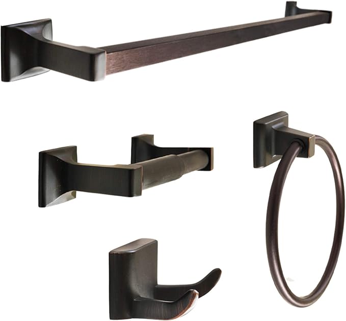 SENTO CELLAR Classic Bathroom Accessories Set, Heavy Duty Metal Bath Hardware Set Wall Mounted, Includes Robe Hook, Standard Toilet Paper Holder, Towel Ring, 24” Towel Bar (4-Piece, Oil-Rubbed Bronze)