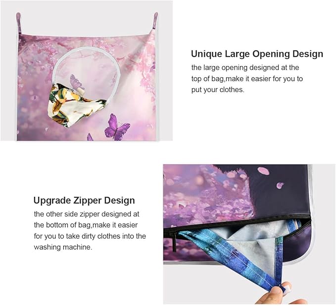 Hanging Laundry Hamper with Stainless Steel Hooks,Oxford Fabric Printing Door Laundry Clothes Bag, 29.5X20inch 2PCS Cherry Blossom Black Cats and Butterfly