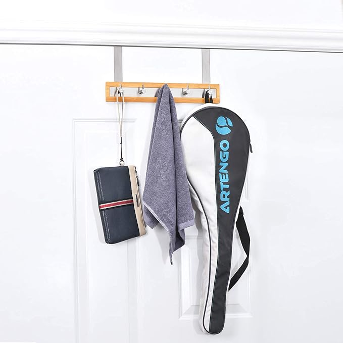 ToiletTree Products Bamboo Stainless Steel Over-the-Door Towel Hooks - Durable Coat, Clothes, and Towel Rack to Use in the Bathroom, Laundry Room, and Closet - 5 Hooks