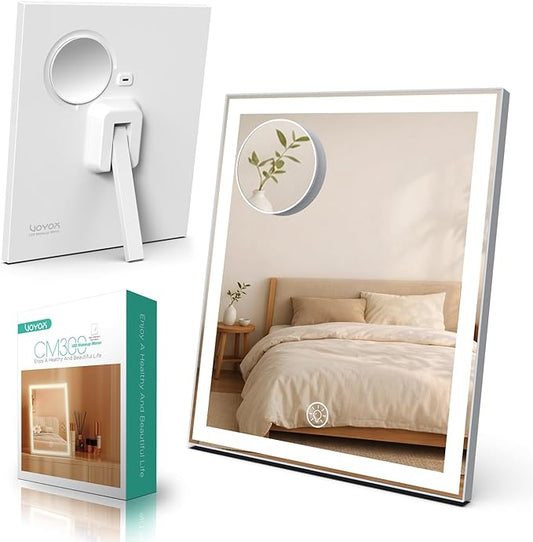 VOYOR Vanity Mirror with Lights, 11.8"x9.8" LED Makeup Mirror, 3 Light Modes, 10X Magnification, Smart Touch Control, Rechargeable Lighted Makeup Mirror for Bedroom Bathroom Dressing Room
