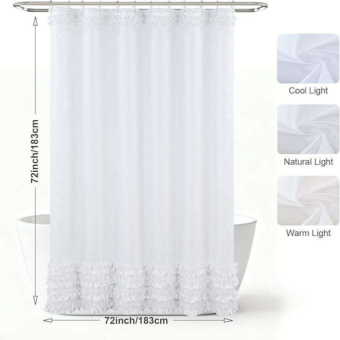 White Ruffle Shower Curtain, Girls Women Fabric Shower Curtain with Delicate Handcrafted Ruffles, Waterproof Ruched Farmhouse Decorative Bathroom Curtain, 72" W x 72" H