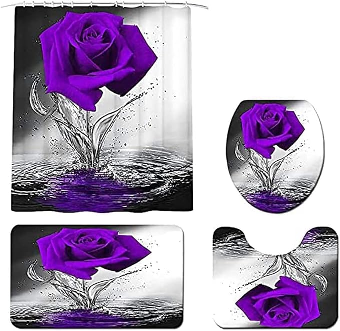 Purple Rose Bathroom Set with Shower Curtain and Non-Slip Rugs, Bath Mat, Toilet Lid Cover and 12 Strong Hooks, Modern Style