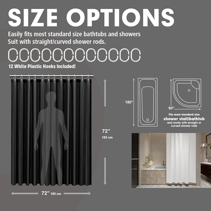 Strip Black Fabric Shower Curtain with Magnets - 85 GSM Heavy Duty Waterproof Bath Curtain, 12 Reinforced Metal Grommets (72x72 Inches)