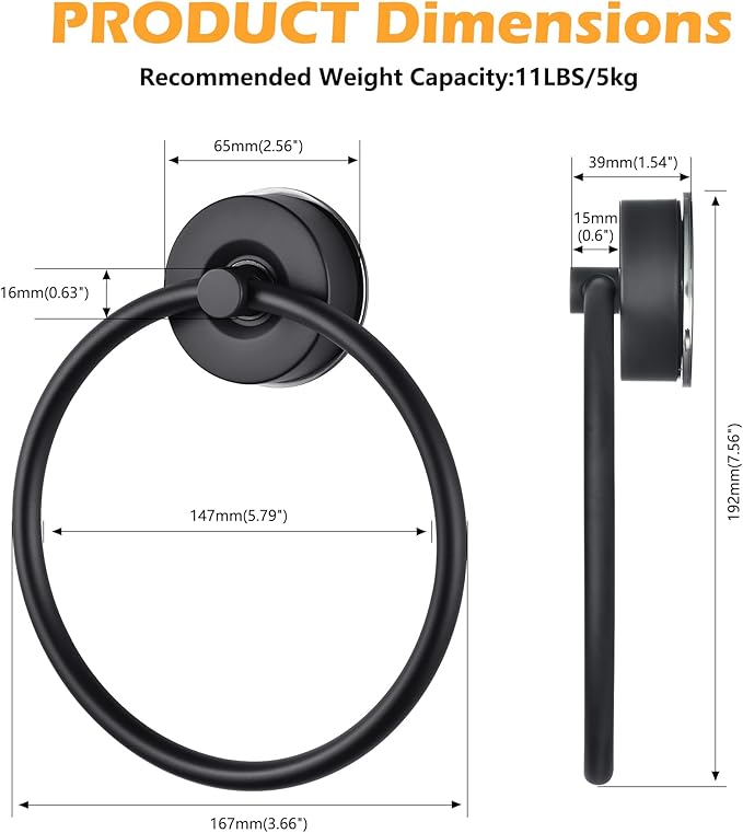 YOHOM Suction Cup Towel Ring Hand Towel Holder for Bathroom Vacuum Suction Washcloth Holder Dish Towel Hanger for Shower Wall No Drill Stainless Steel Matte Black, 1 PCS
