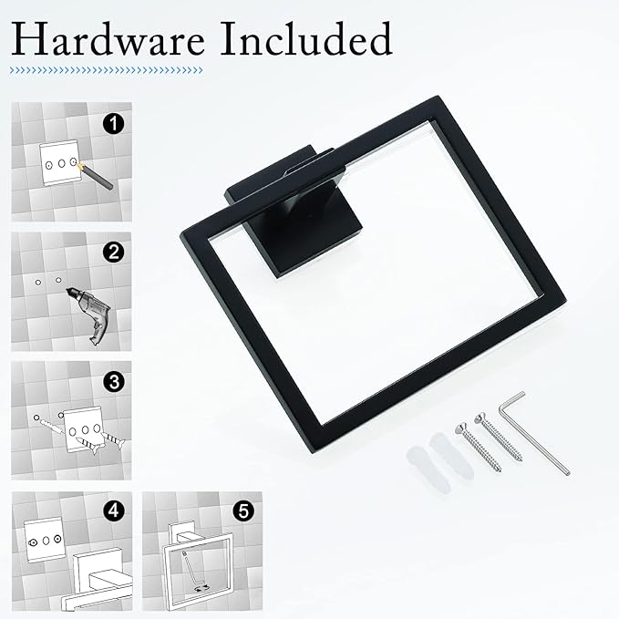 TQKAG Matte Black Towel Ring Bathroom Hand Towel Holder Stainless Steel Square Towel Hangers Wall Mounted