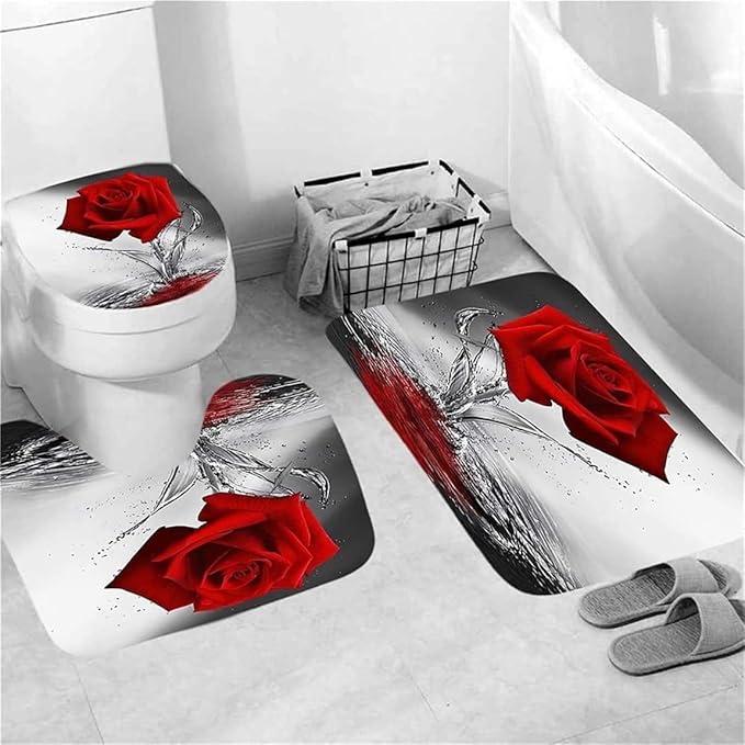Red Rose Bathroom Sets with Shower Curtain and Rugs Water Red Rose Shower Curtain Set with Non-Slip Rugs,Bath Mat,Toilet Lid Cover and 12 Strong Hooks,Modern Style Shower Curtain for Bathroom