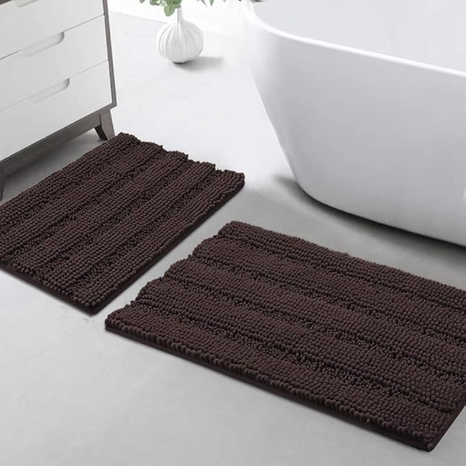 Turquoize Chenille Bathroom Rugs Set Non-Slip Bath Mats Extra Soft and Absorbent Shaggy for Floor Indoor Mat Kitchen/Entryway (20" x 32" and 17" x 24"), Chocolate