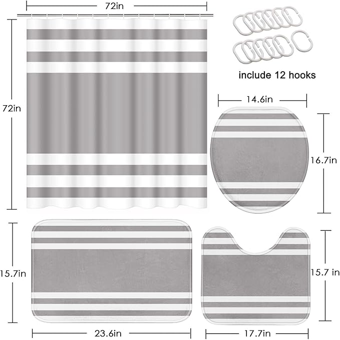Striped Grey Shower Curtain Set with Toilet Lid Cover and Non-Slip Rugs for Bathroom, Minimalist Modern 4 Pcs Shower Curtain, Neutral Bathroom Set with 12 Hooks