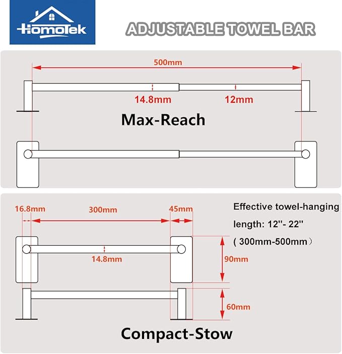 Adhesive Adjustable Towel Bar, HOMOTEK Economical Self Stick Towel Holders, Towel Rod Size from 12 Inch to 22 Inch Single Towel Racks, Towel Hanger Hook for Kitchen(1 Pack Matte Black)