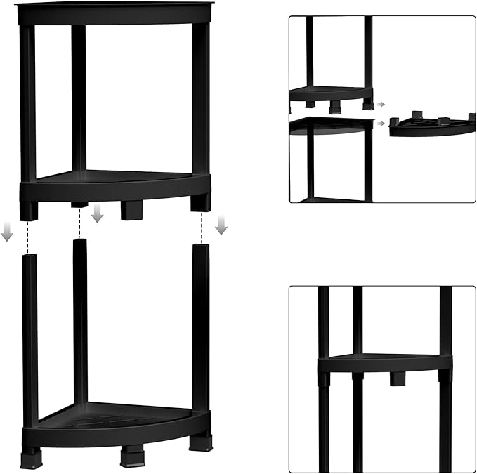 GallopFun Corner Shower Stool for Inside Shower, Waterproof Shower Bench for Shaving Legs, Plastic Anti-Fracture Shower Seat/Foot Rest with Baffle Storage Shelf, Rapid Assembly DIY Shelf (Black)