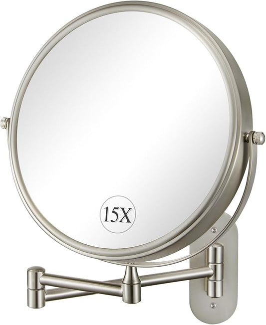 DECLUTTR 9 Inch Wall Mounted Makeup Mirror, 15X Magnification Double Sided Swivel Extendable Bathroom Mirror