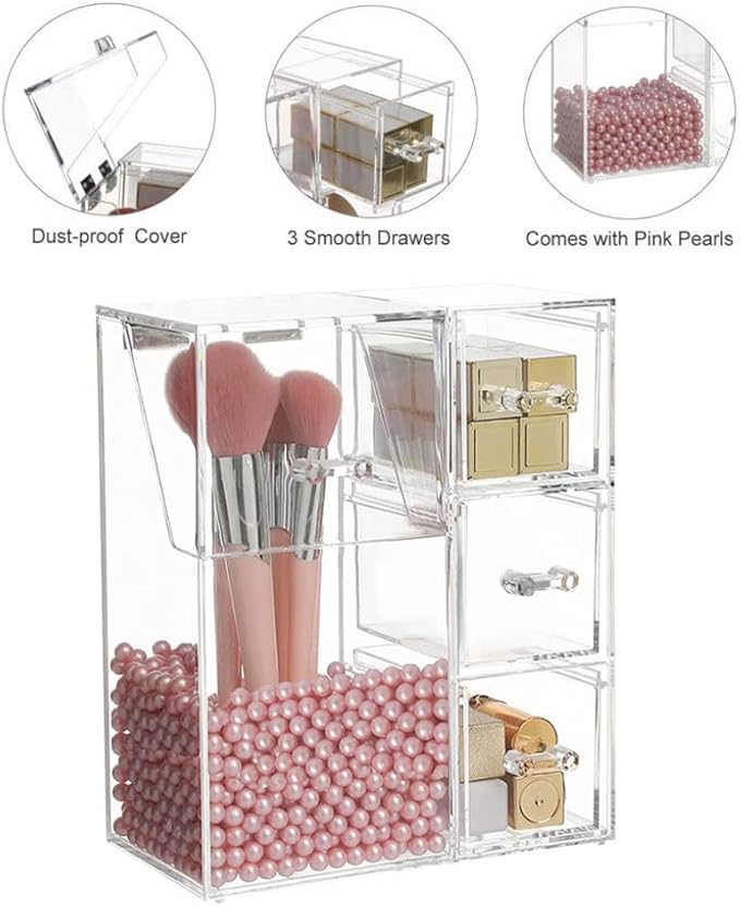 Acrylic Makeup Organizer Clear Cosmetic Brush Holder with Dustproof Lid 3 Drawers. Canisters